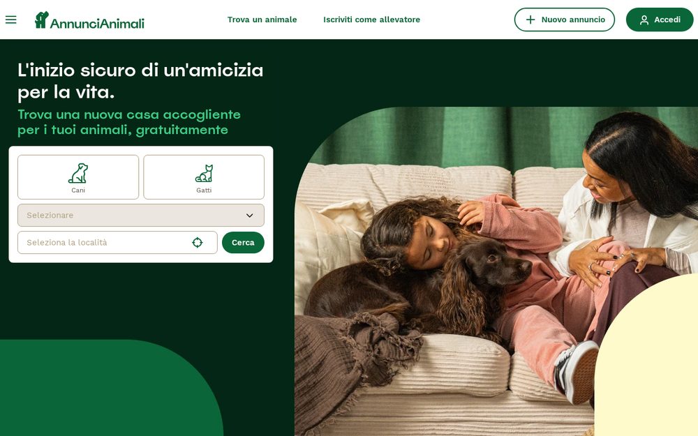 Annunci Animali homepage, our marketplace in Italy